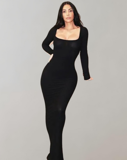 Chic Ribbed Long Sleeve Maxi Dress