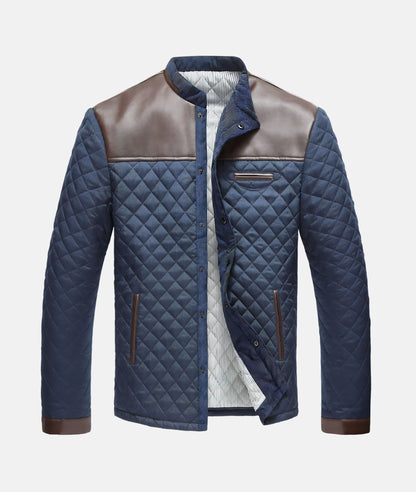 Men's Collarless Quilted Jacket with Shoulder Panel Design