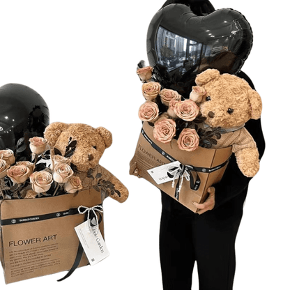 Rose Bouquet Gift Set with Plush Bear and Heart Balloons