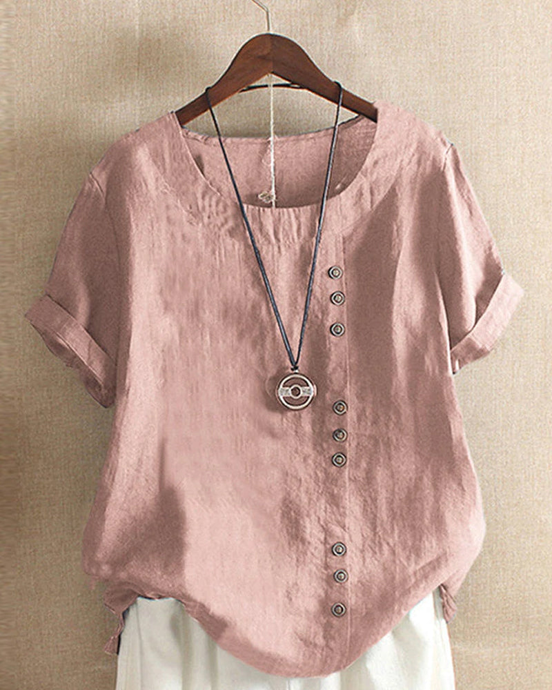 Short Sleeve Cotton Blouse with Button Detail