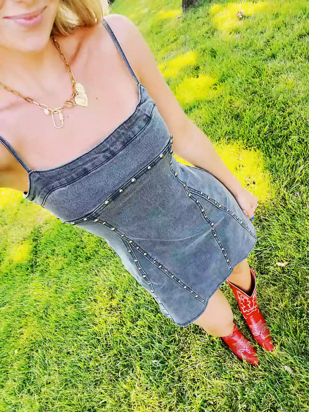 Embellished Denim Maxi-Mini Dress