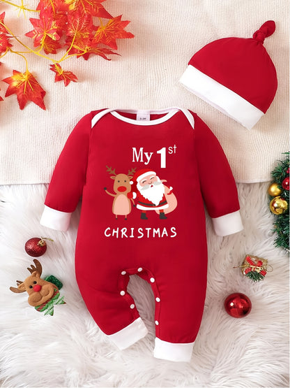 Festive Baby Jumpsuit with Printed Motif and Hat