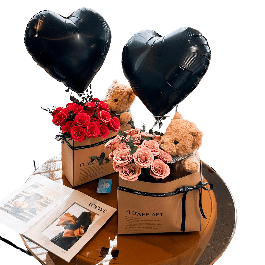 Rose Bouquet Gift Set with Plush Bear and Heart Balloons