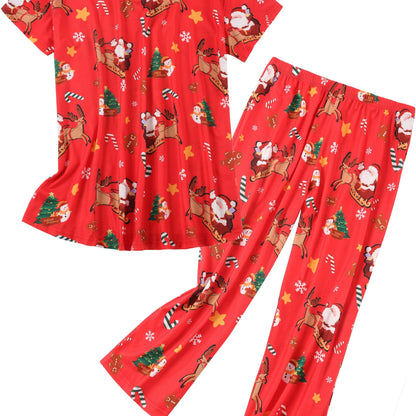 Plus Size Christmas Pajama Set with V-Neck Top and Printed Pants