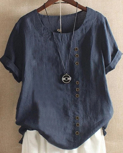 Short Sleeve Cotton Blouse with Button Detail