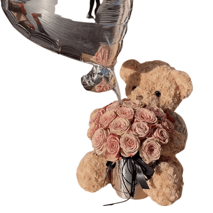 Rose Bouquet Gift Set with Plush Bear and Heart Balloons