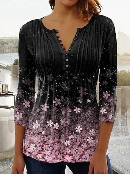 Women's Printed V-Neck Long Sleeve Blouse