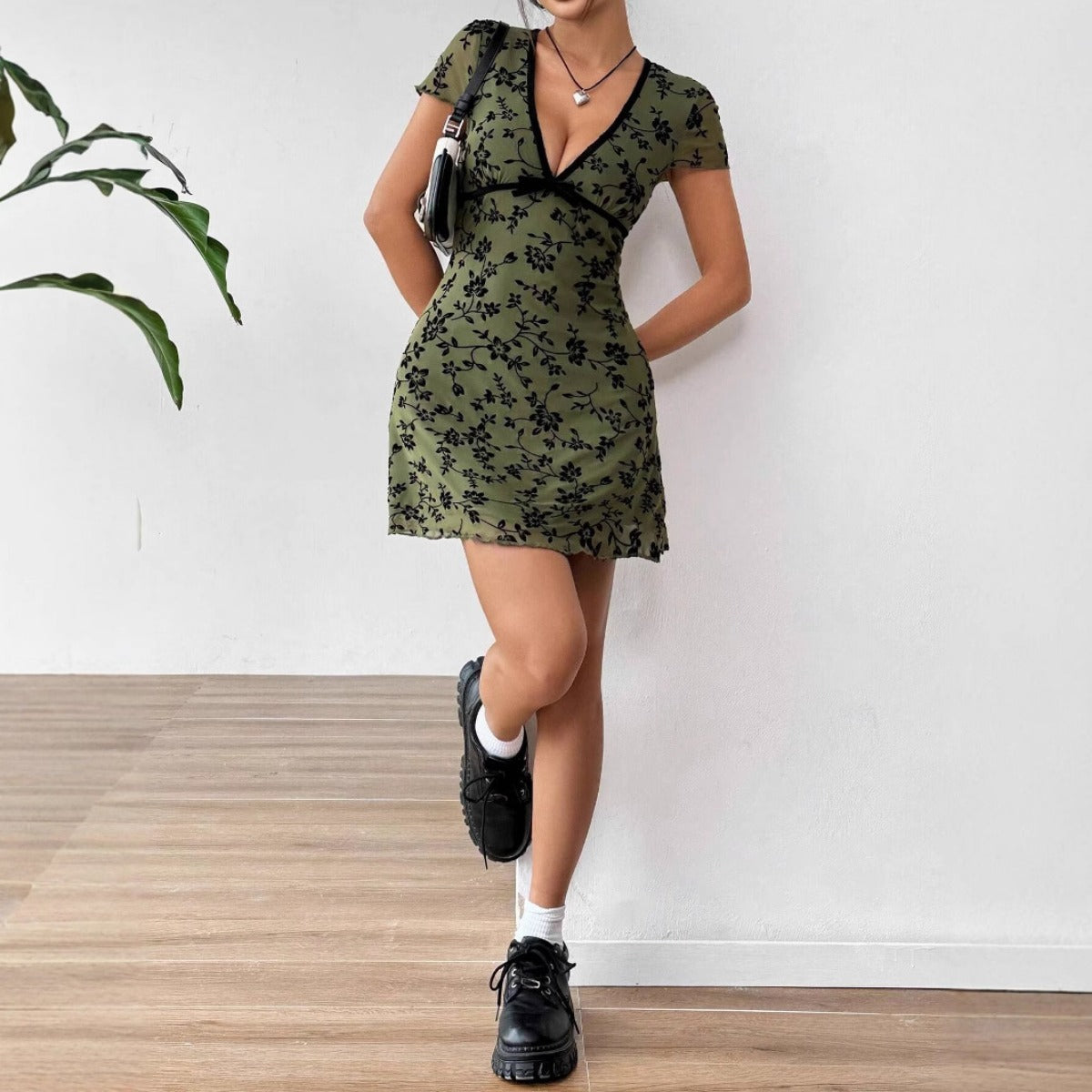 Short Sleeve Green Dress with Floral Print