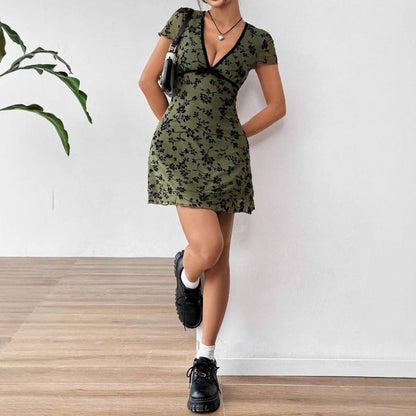 Short Sleeve Green Dress with Floral Print