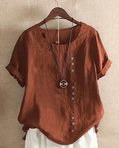 Short Sleeve Cotton Blouse with Button Detail