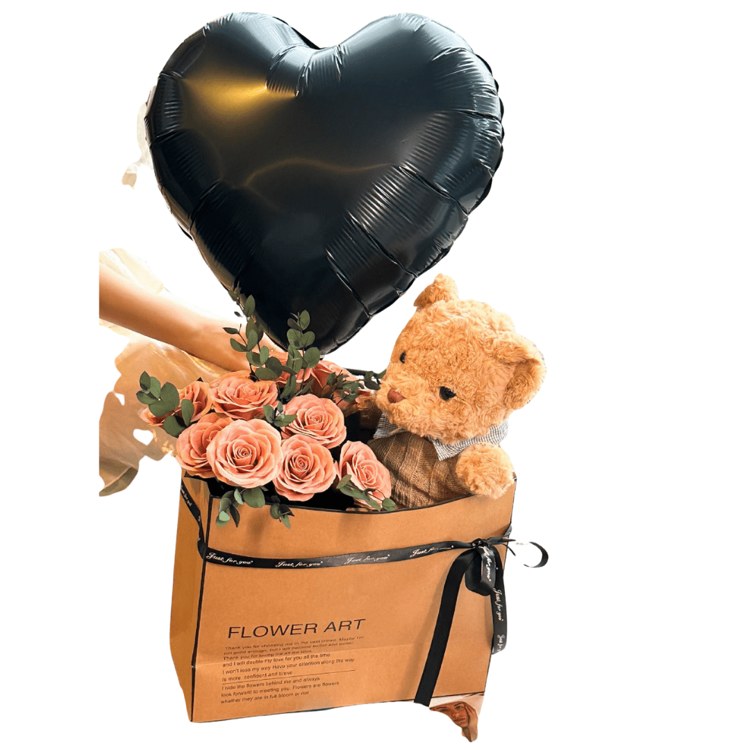 Rose Bouquet Gift Set with Plush Bear and Heart Balloons