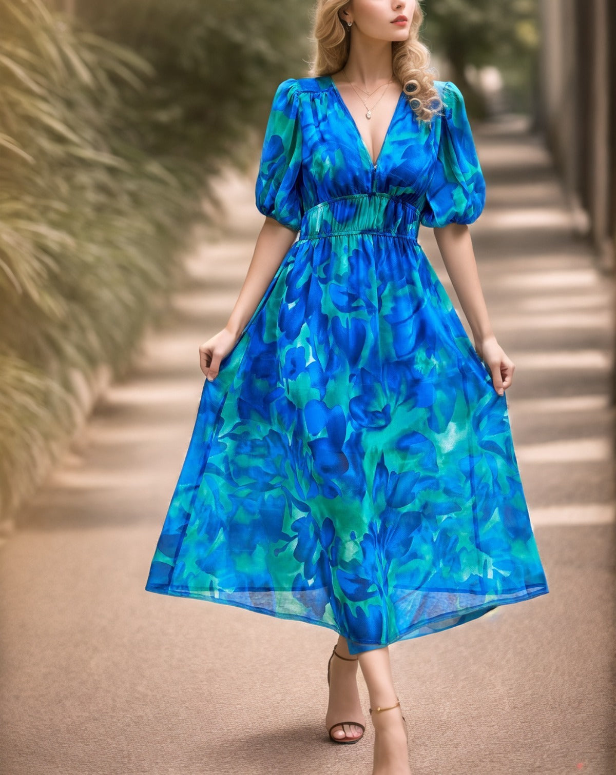 Printed Long Dress with Short Sleeves and A-Line Cut