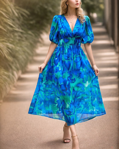 Printed Long Dress with Short Sleeves and A-Line Cut