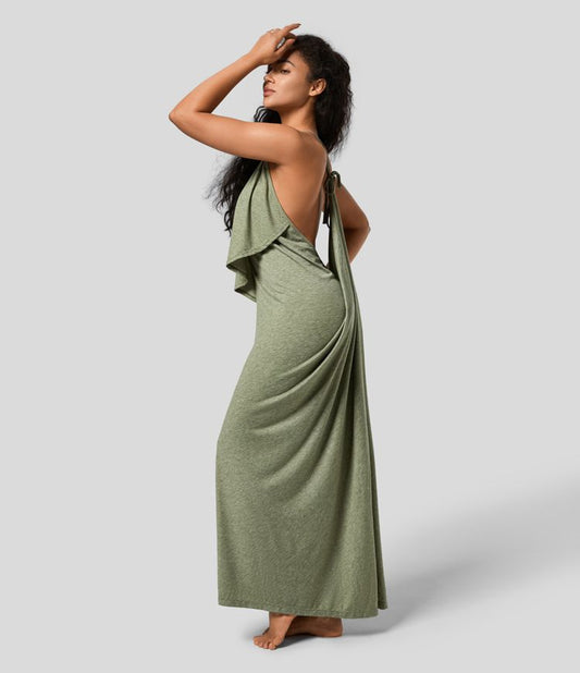 Elegant V-Neck Backless Ruffled Maxi Dress