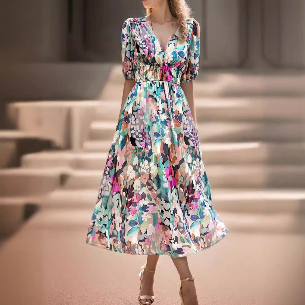 Printed Long Dress with Short Sleeves and A-Line Cut