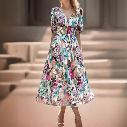 Printed Long Dress with Short Sleeves and A-Line Cut
