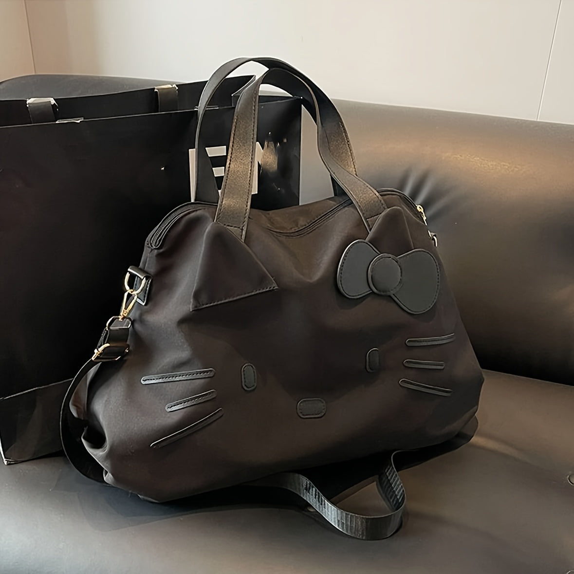 Black Cat-Inspired Crossbody and Handbag with Zipper Closure