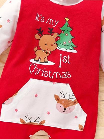 Baby Hooded Jumpsuit with Festive Print and Long Sleeves
