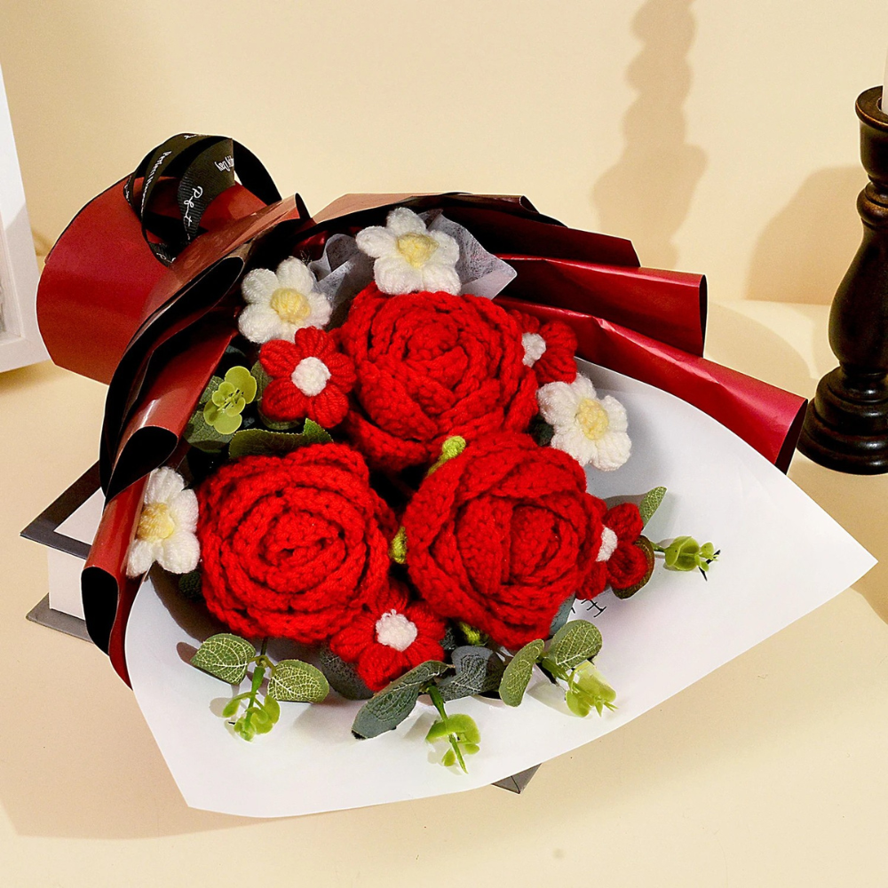 Handmade Crochet Red Rose Bouquet - Eternal Flower Gift