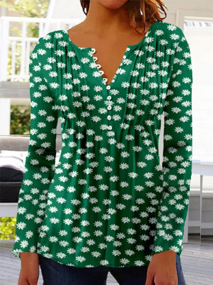 Women's Printed V-Neck Long Sleeve Blouse
