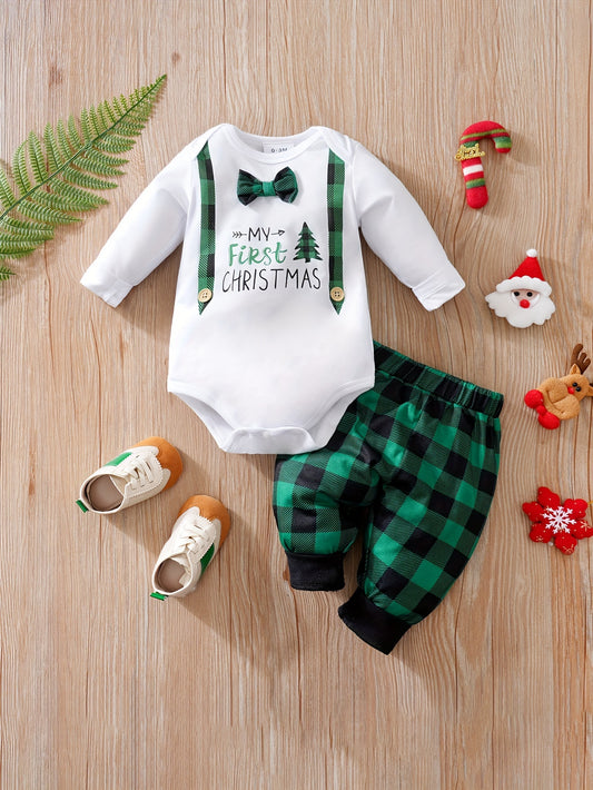 Baby Bodysuit and Plaid Pants Set with Festive Print