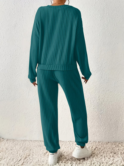 Women’s Ribbed V-Neck Loungewear Set – Two-Piece Solid Color