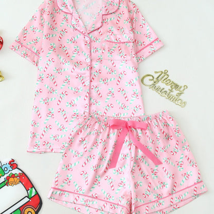 Short-Sleeve Button-Up Pajama Set with Christmas Print