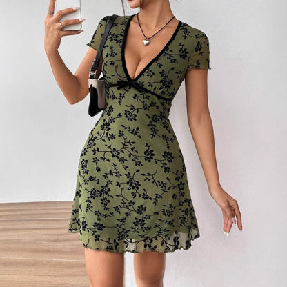 Short Sleeve Green Dress with Floral Print