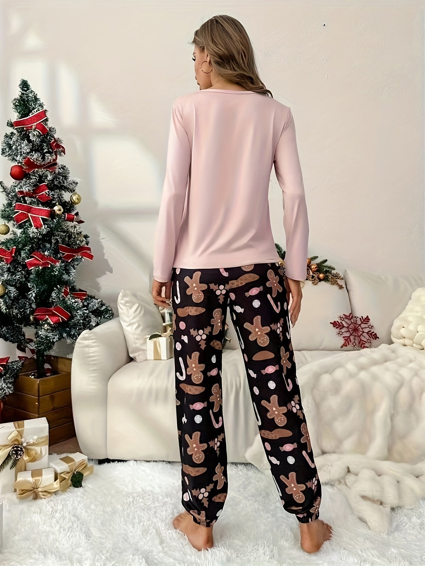Women's Long Sleeve Pajama Set – Crew Neck Top and Printed Pants