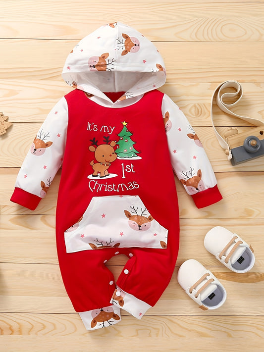 Baby Hooded Jumpsuit with Festive Print and Long Sleeves
