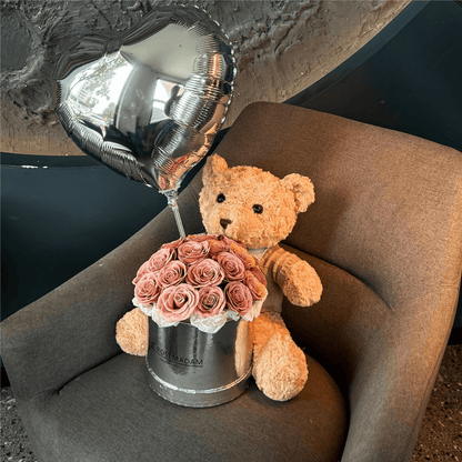 Rose Bouquet Gift Set with Plush Bear and Heart Balloons