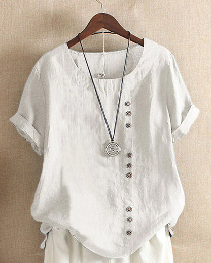 Short Sleeve Cotton Blouse with Button Detail