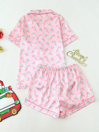 Short-Sleeve Button-Up Pajama Set with Christmas Print