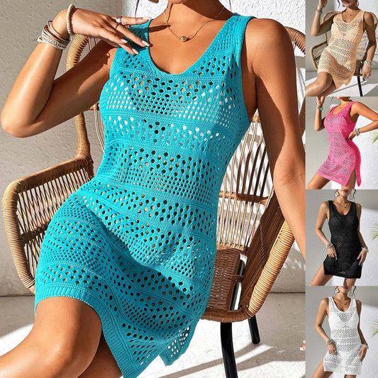 Knitted Sleeveless Dress with Solid Color and Side Slit