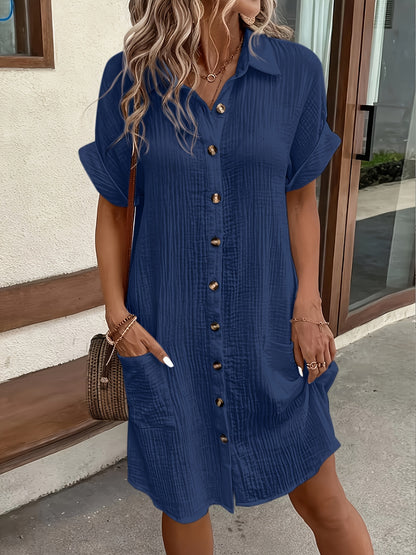 Short Sleeve Button-Up Casual Tunic Dress for Women