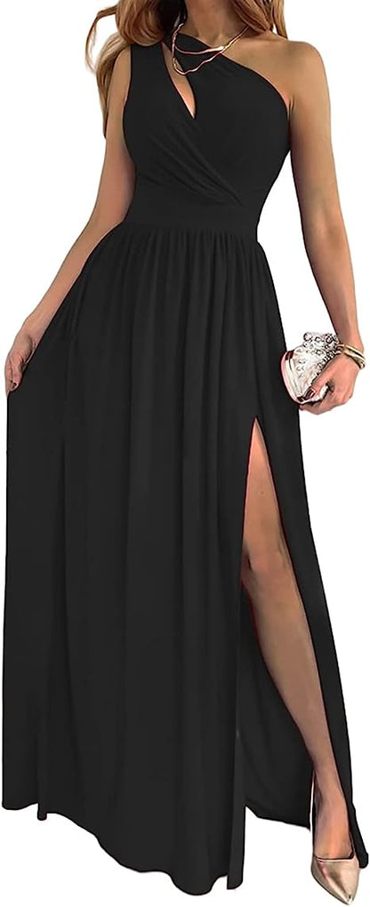 Elegant One-Shoulder High-Slit Maxi Dress