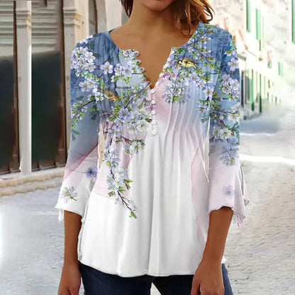 Women's Printed V-Neck Long Sleeve Blouse