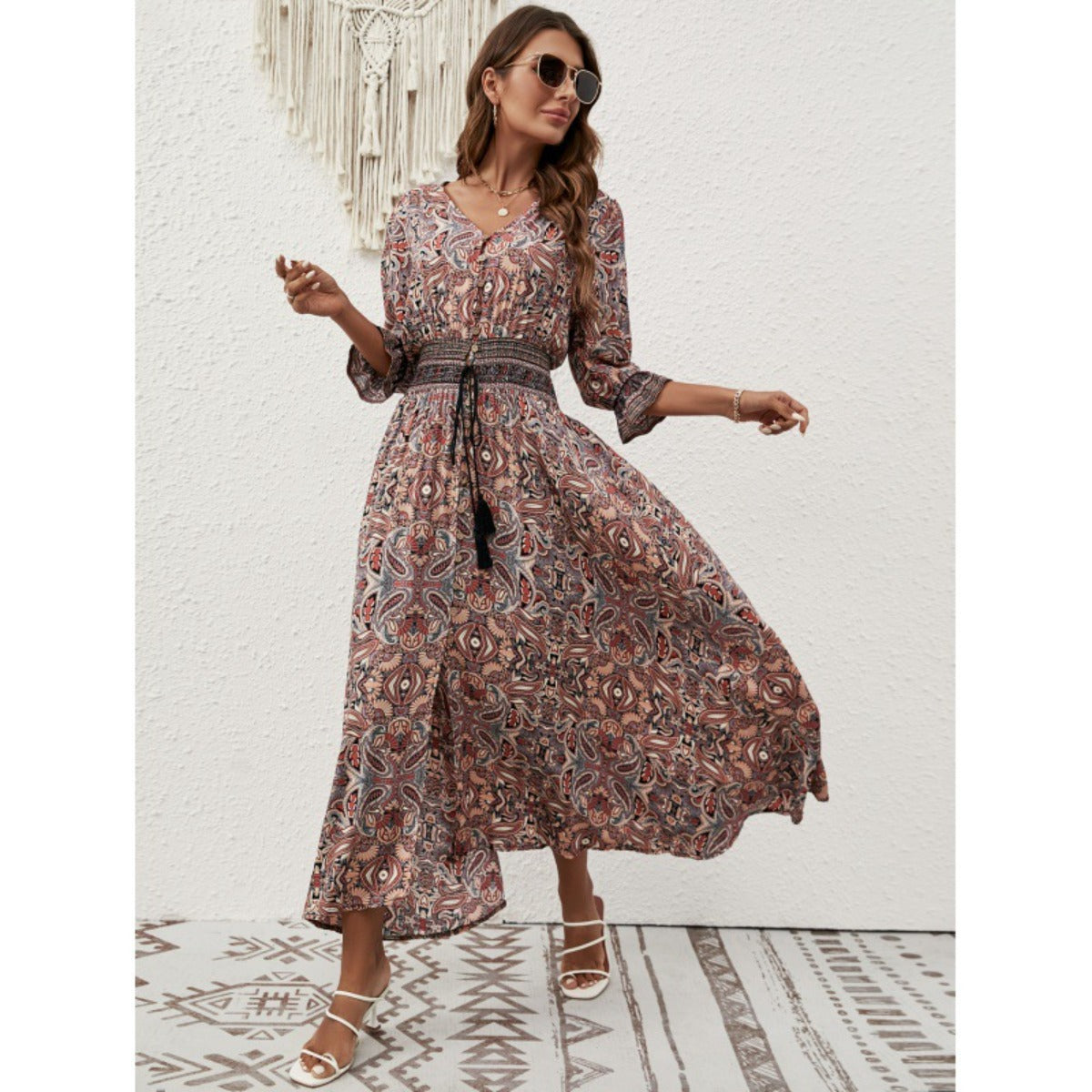 Printed Long Dress with Lantern Sleeves and Waist Tie