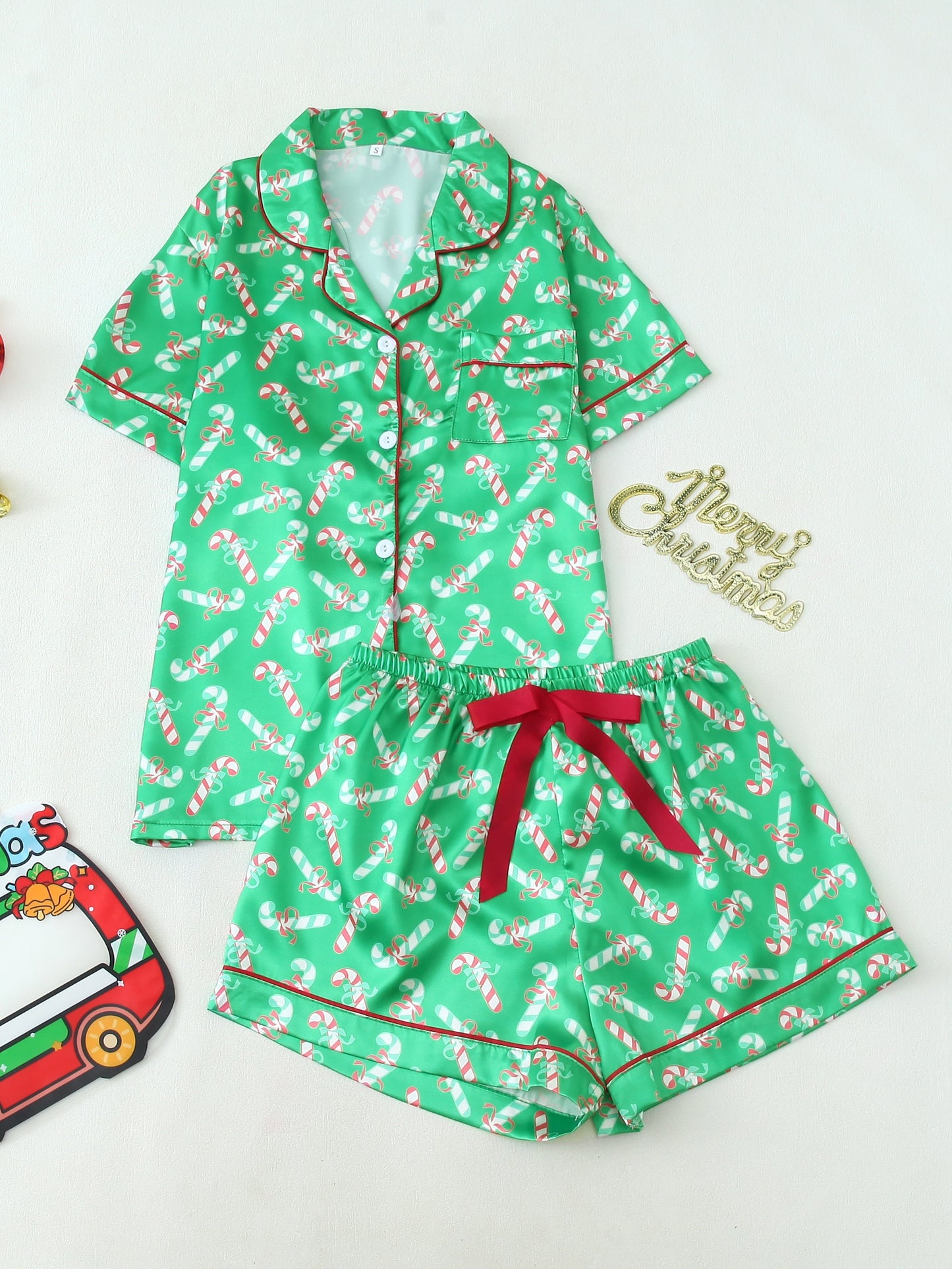 Short-Sleeve Button-Up Pajama Set with Christmas Print