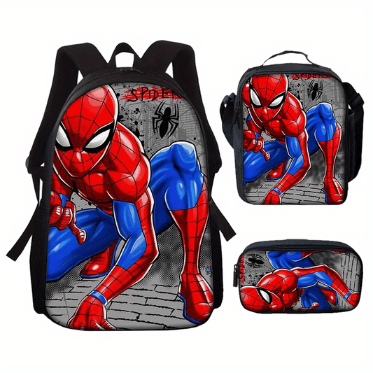 3-Piece Backpack Set with Cartoon Design and Zipper Closures