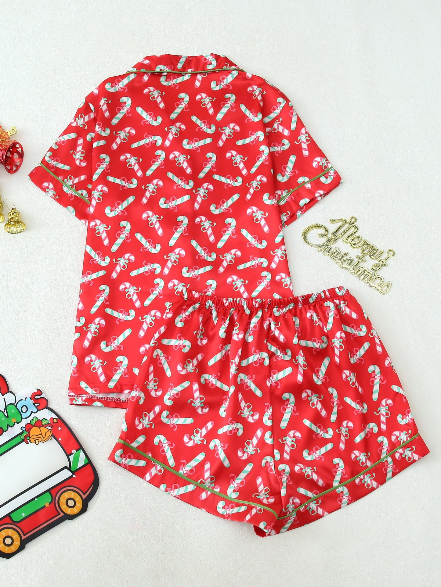 Short-Sleeve Button-Up Pajama Set with Christmas Print