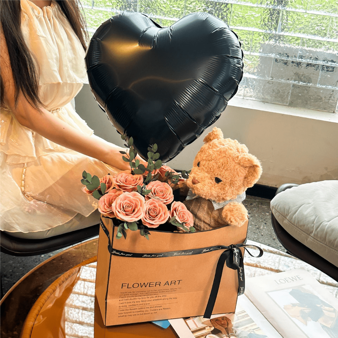 Rose Bouquet Gift Set with Plush Bear and Heart Balloons