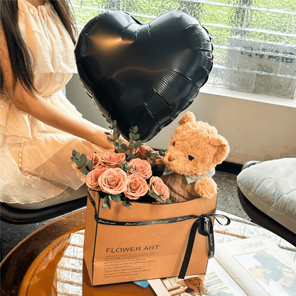 Rose Bouquet Gift Set with Plush Bear and Heart Balloons