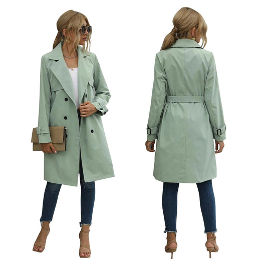 Women's Knee-Length Double Breasted Trench Coat with Belt