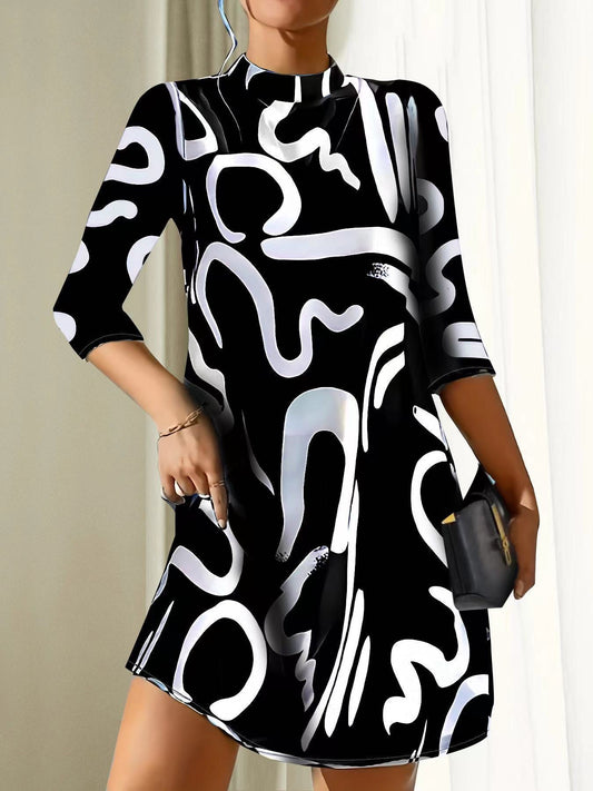 Knee-Length A-Line Dress with Abstract Black and White Print