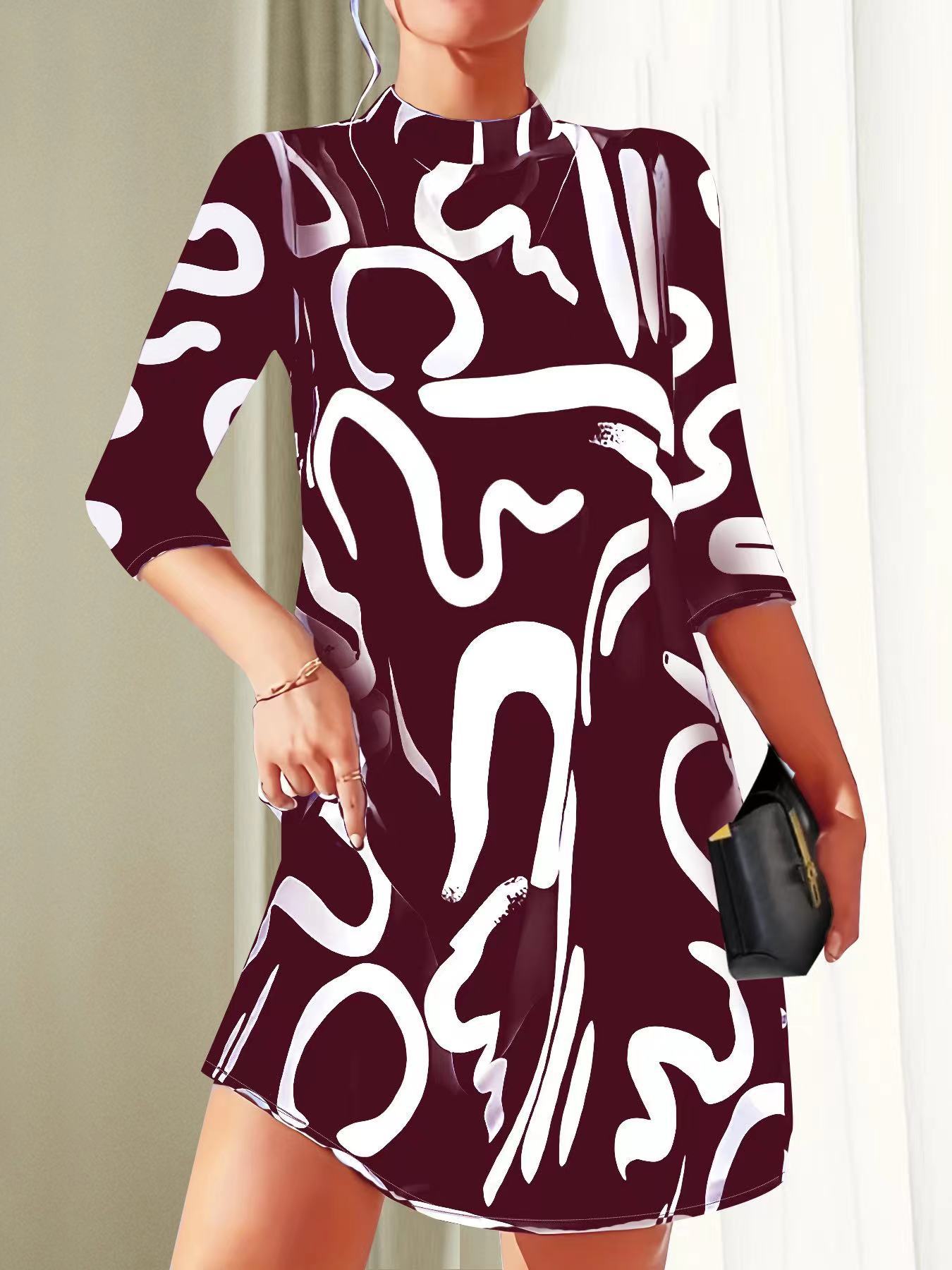 Knee-Length A-Line Dress with Abstract Black and White Print