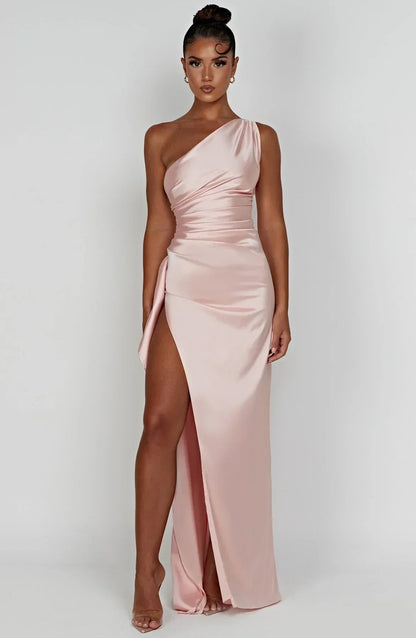 Elegant One-Shoulder Satin Maxi Dress