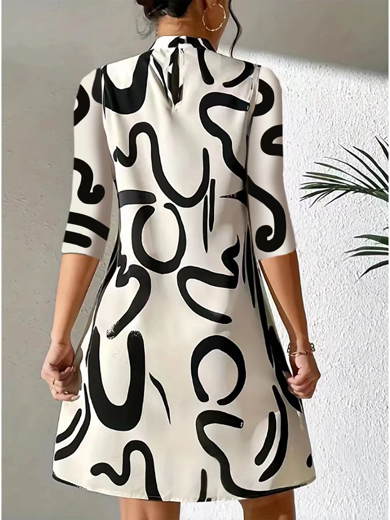 Knee-Length A-Line Dress with Abstract Black and White Print