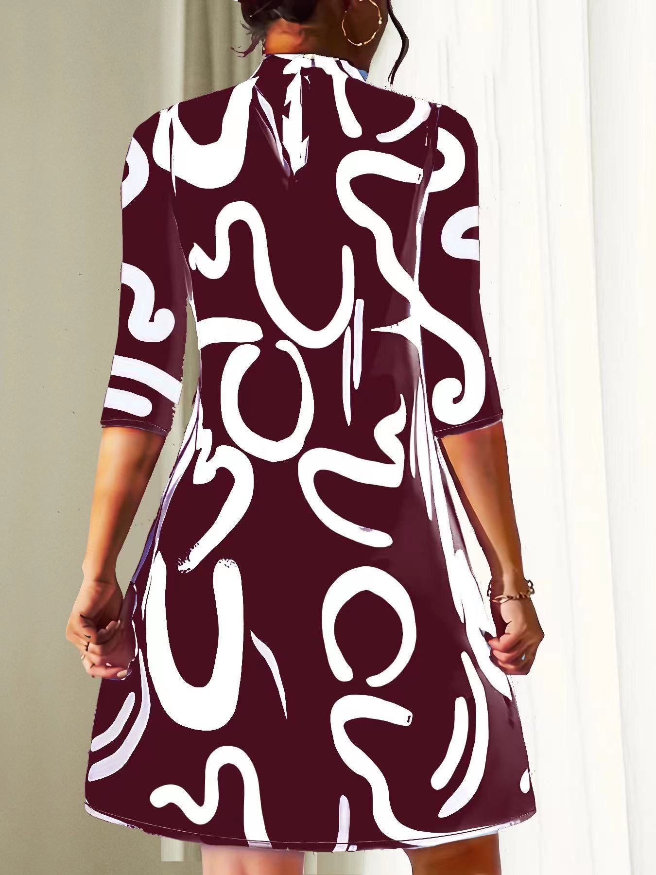 Knee-Length A-Line Dress with Abstract Black and White Print