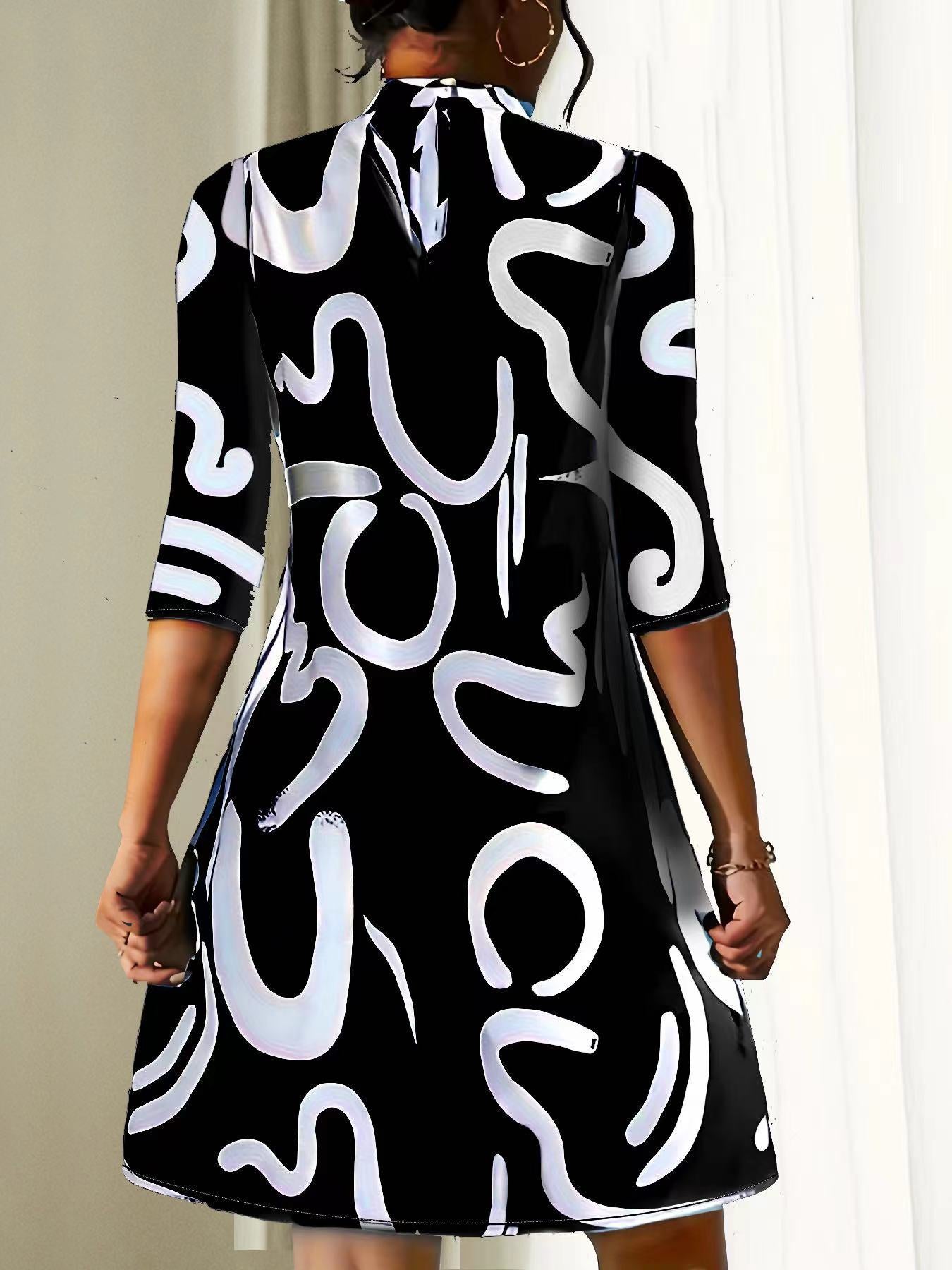Knee-Length A-Line Dress with Abstract Black and White Print